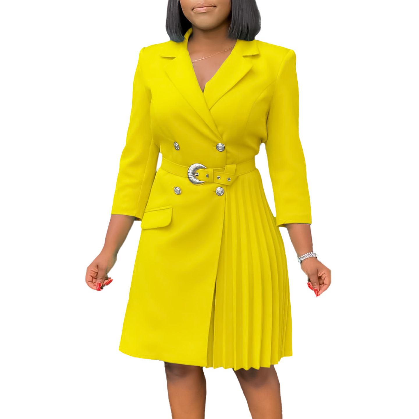 High Waist Fashion Waist Pleated Stitching Mid-length Suit Dress – Image 9