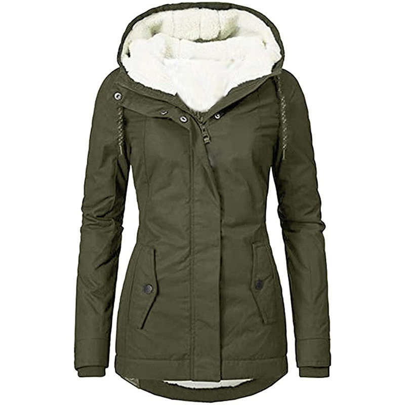 Solid Color Pocket Long-sleeve Zipper Fleece Padded Coat Women – Image 6
