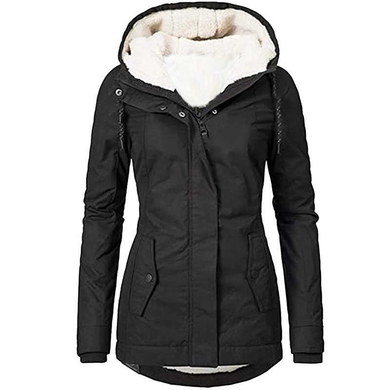 Solid Color Pocket Long-sleeve Zipper Fleece Padded Coat Women – Image 3