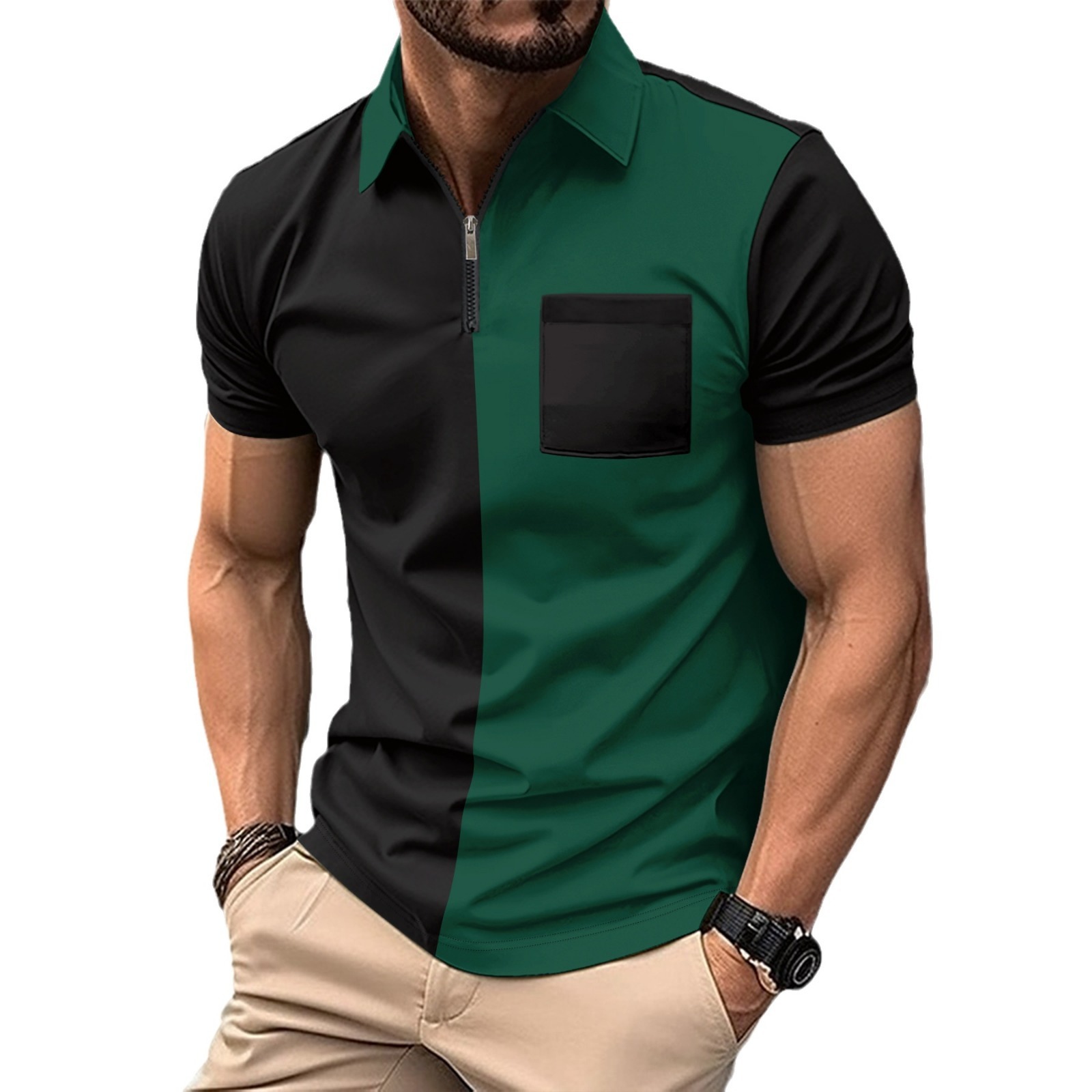 European And American Men's Casual Polo Shirt Small Twill Fabric Stitching Lapel Buttons – Image 5
