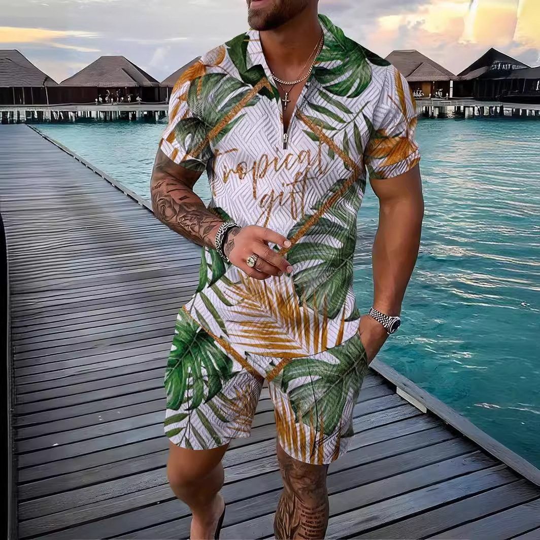 Men's Sports Casual Retro Flower T-shirt Shorts Set Zipper – Image 3