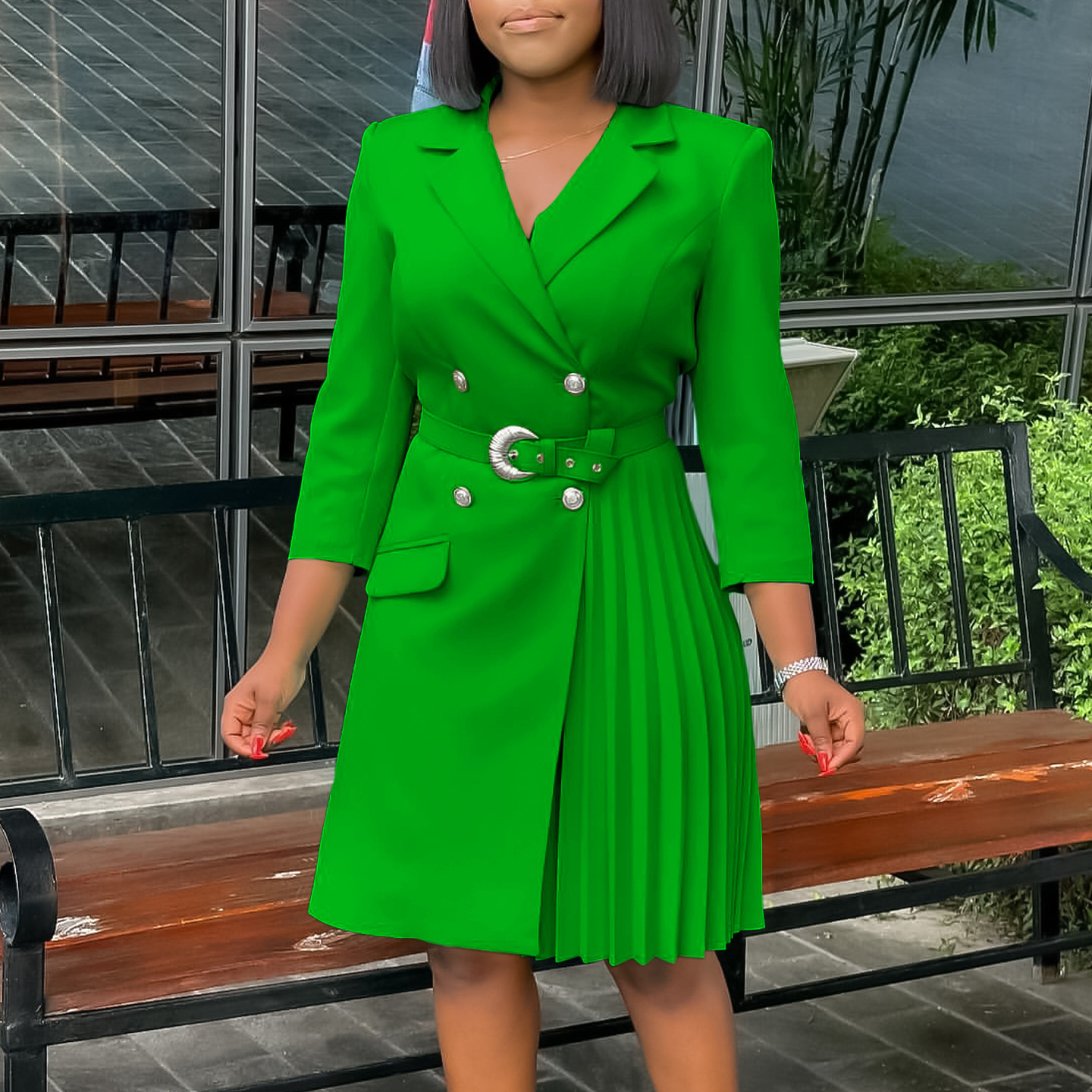 High Waist Fashion Waist Pleated Stitching Mid-length Suit Dress – Image 2