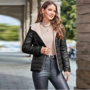 European And American Style Short Autumn And Winter Cotton-padded Coat Women's Solid Color Loose Hooded Fleece-lined Warm