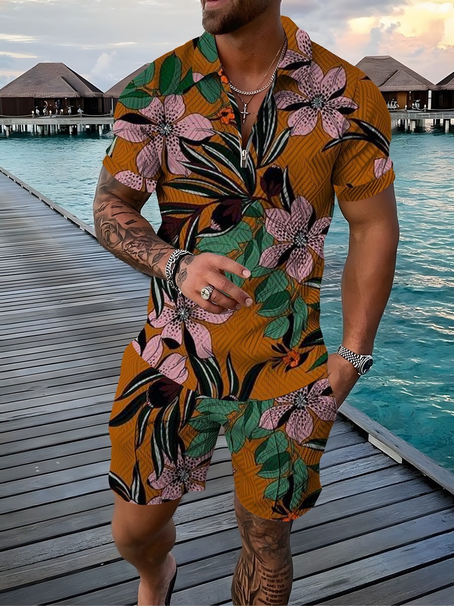 Men's Sports Casual Retro Flower T-shirt Shorts Set Zipper – Image 6