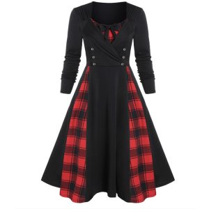 Contrast Color Check Stitching Double Breasted Long Sleeve Slim Fit Dress