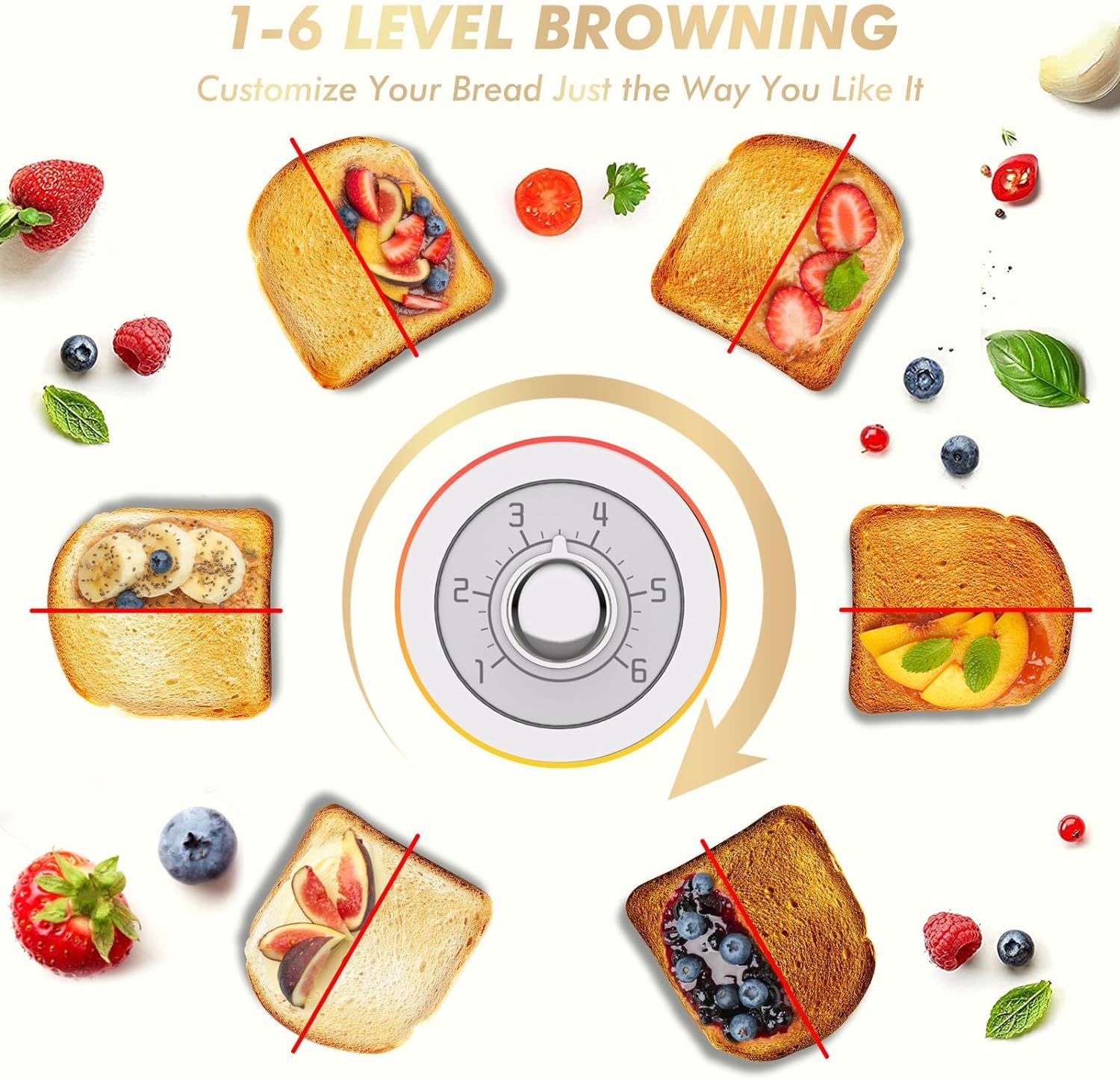 Grille-pain en acier inoxydable, 2 tranches de grille-pain rétro avec 6 réglages d'ombrage de pain et fonction de dégivrage de bagel, grille-pain mignon avec créneau extra large et plateau à miettes amovible – Image 2