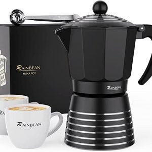 Machine à espresso pour cuisinière 6 tasses 300ml, ensemble de cadeaux en aluminium pour pot de moka | café italien cubain | facile à utiliser et propre | avec 2 tasses, cuillère, noir | cadeaux parfaits pour les amateurs de café