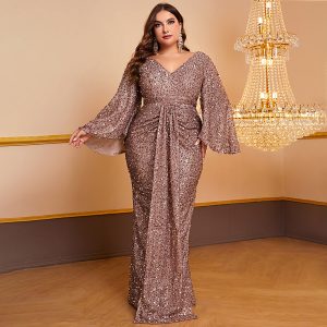 Robe plissée à manches longues à paillettes pour femmes
